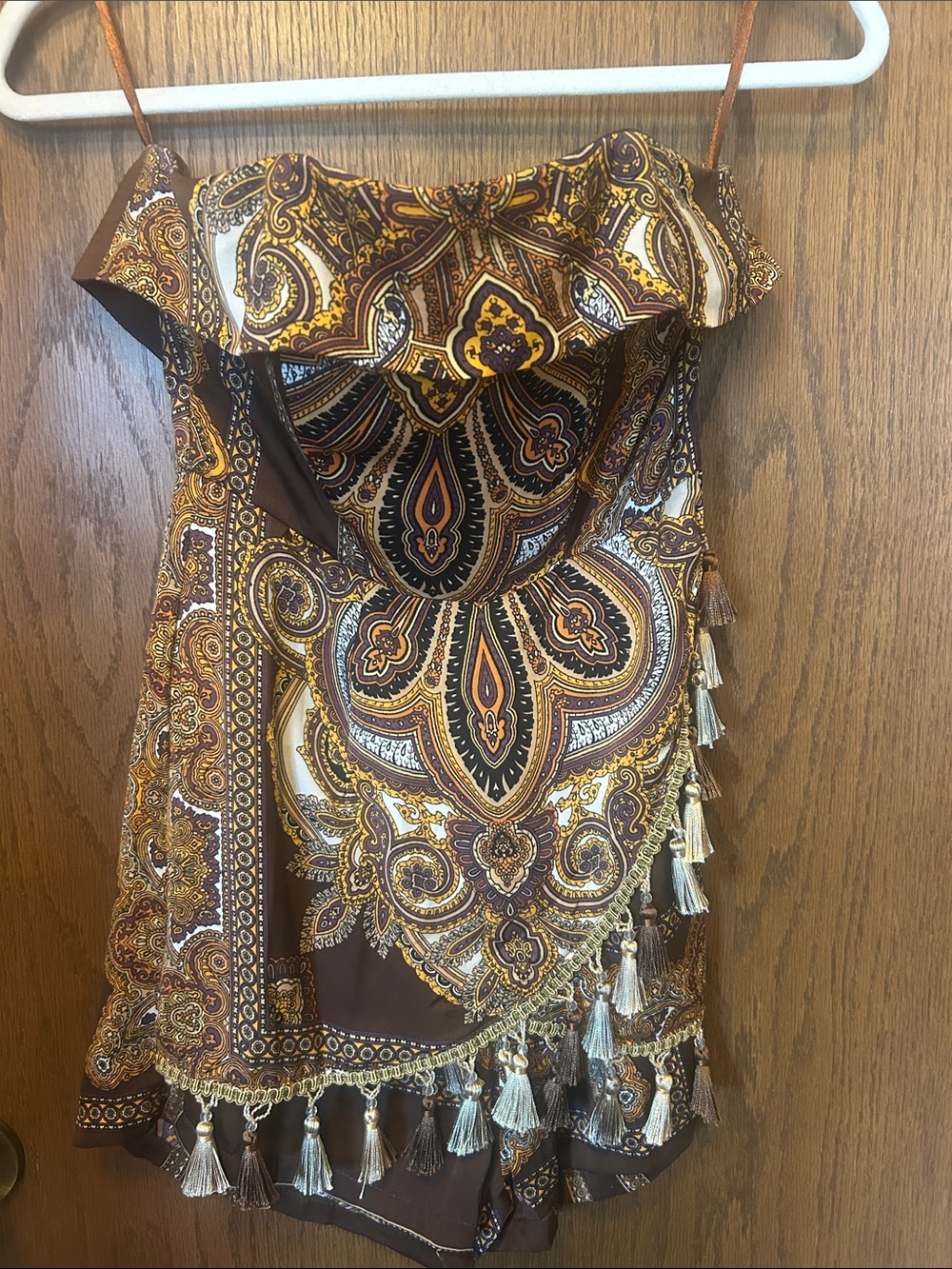 Boho Tassel Paisley Ruffle Romper - Brown & Gold
